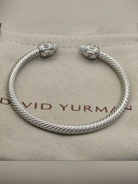 David Yurman Silver Cable 4mm Bracelet with Pavé End Caps